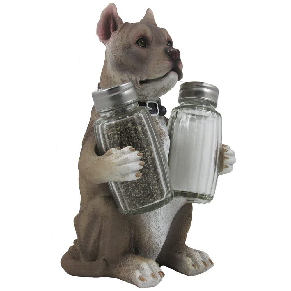 Decorative Pit Bull Glass Salt and Pepper Shaker Set with Holder Figurine in Dog Statues & Sculptures and Pitbull Kitchen Table Decor Gifts for Pet Lovers