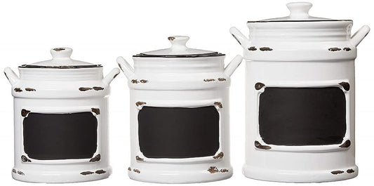 American Atelier Vintage Canister Set 3-Piece Ceramic Jars Chic Design with Lids for Cookies, Candy, Coffee, Flour, Sugar, Rice, Pasta, Cereal & More, 21x8x11, White with Black Distressing