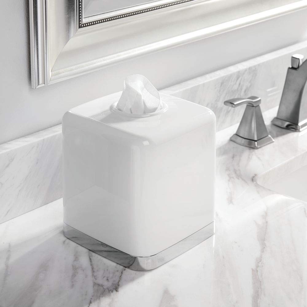 mDesign Plastic Square Disposable Facial Tissue Box Cover for Bathroom Vanity, Countertop, Bedroom Dresser, Night Stand, Office Desk, End Table, Hold Paper Tissues - Hyde Collection - White/Chrome