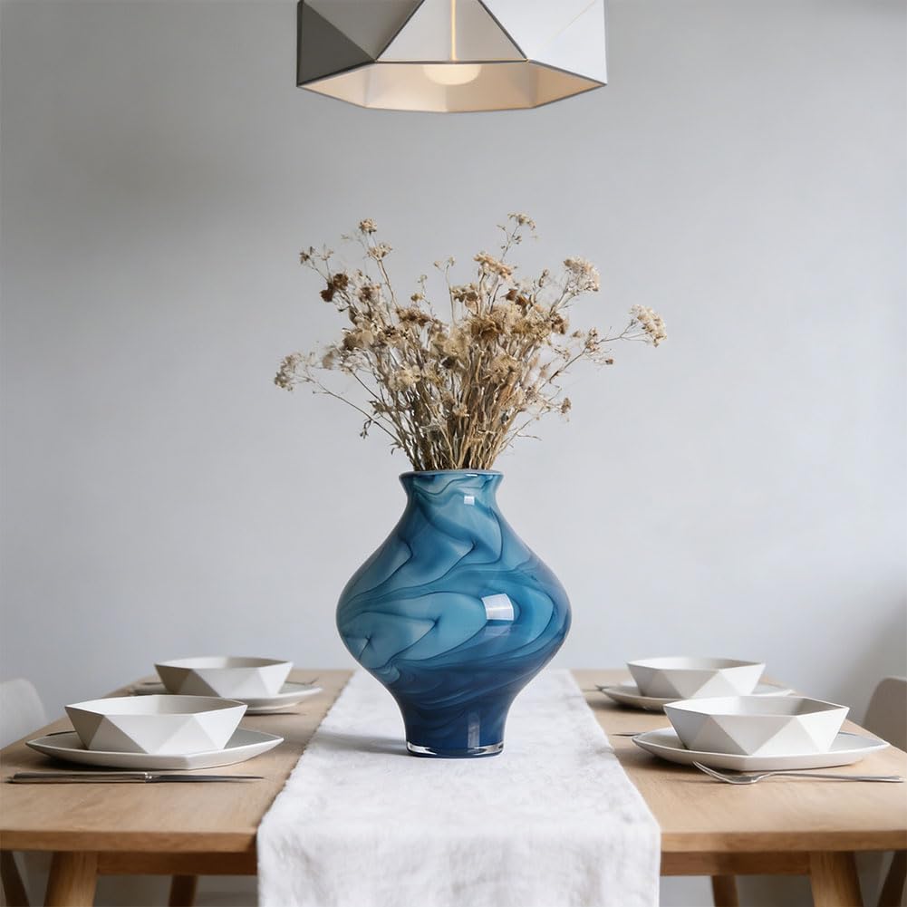 Hand Blown Blue Glass Vase, 9.5" Unique Blue Decor Glass Vases, Modern Hand Blown Glass Vase Decor for Home Living Room, Office, Table centerpieces, Shel, Kitchen, Bathroom Decorative