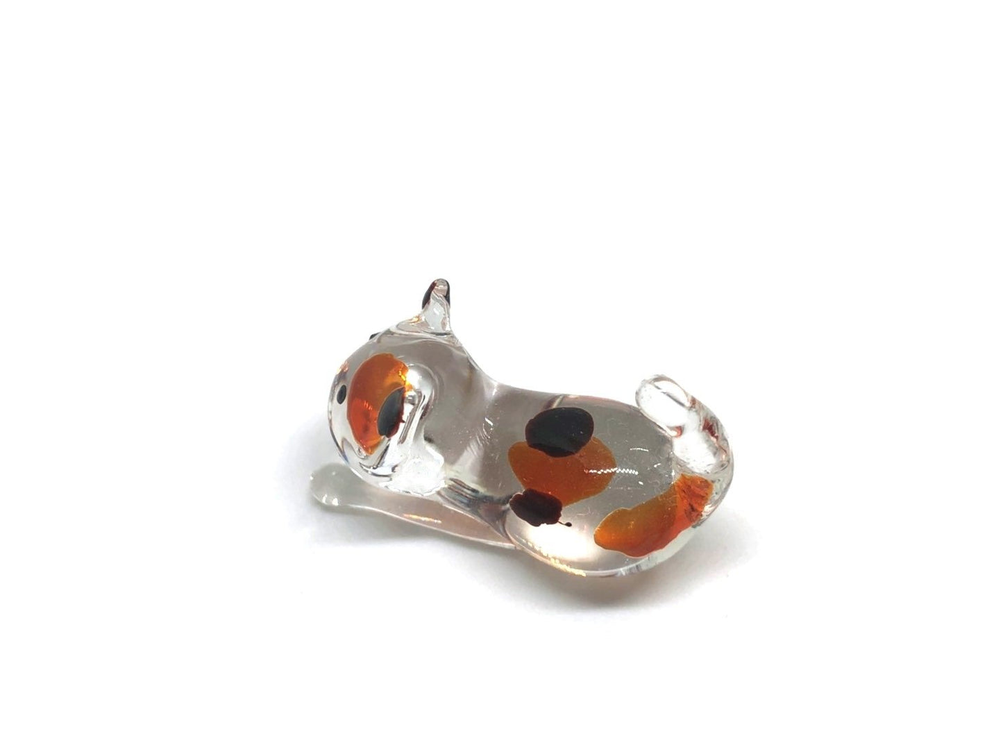 Handmade Mini 2" Cat Figurine Blown Glass Art Chopstick Rest Dinner Decoration, Miniature Pet Animals, Home or Table Decor Gift Ideas (White with Polka Dot Cat No.2)