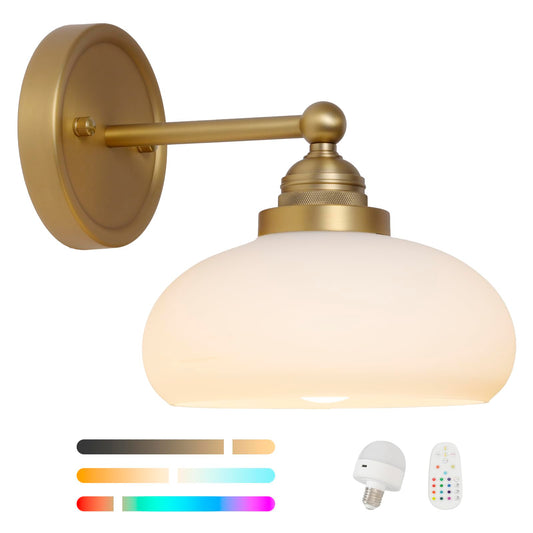 HEQIQEH Battery LED Wall Sconce Antique Brass Vintage Wall Light with Opal Oval Glass Shade, Timer Remote Control, Cordless Installation, Ideal for Bedroom & Entryway
