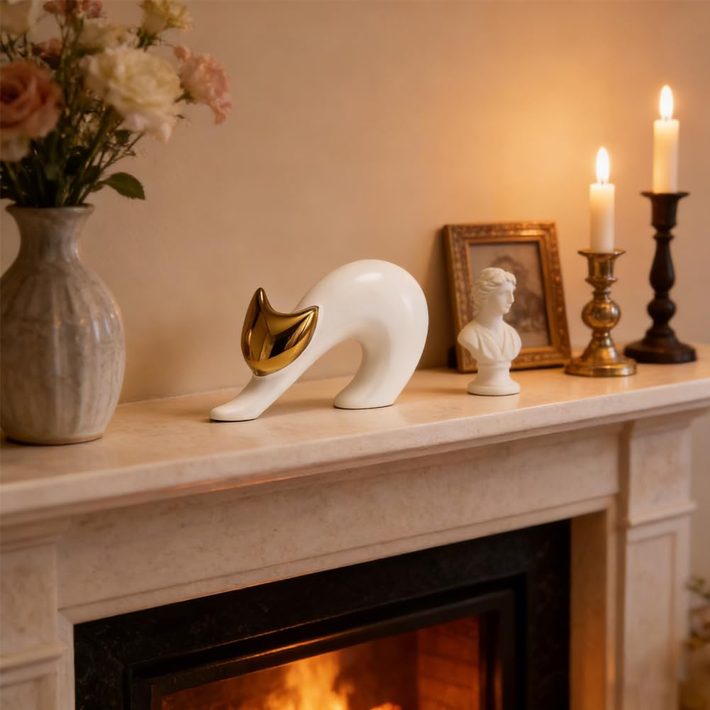XIYOUQI Cat Statues Home Decor White Ceramic Cat Figurine, Gold Cat Figurine Accent, Modern Cat Sculpture 7.9in, Desk Cat Statue for Office Shelf