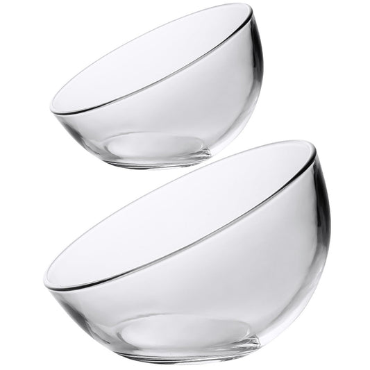 HNJZX Glass Prep Bowls,Clear Glass Slant Cut Tilted Angled Bubble Ball Decorative Serving Salad Bowl for Kitchen Microwave (800ML+450ML)