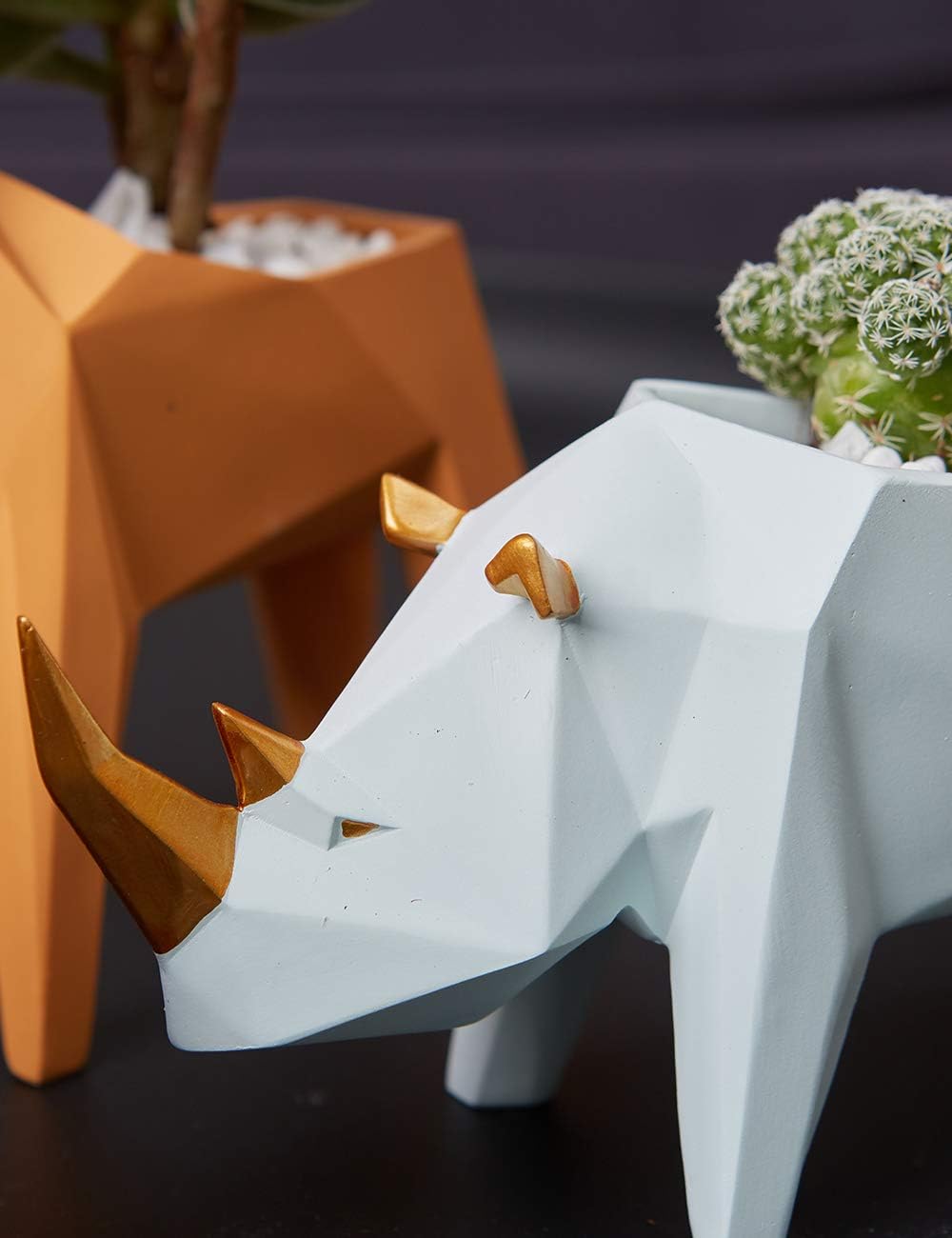 HAUCOZE Rhino Statue Planter Succulent Pot Modern Animal Sculpture Home Decor Gift for Living Room Office 7.1 Inch