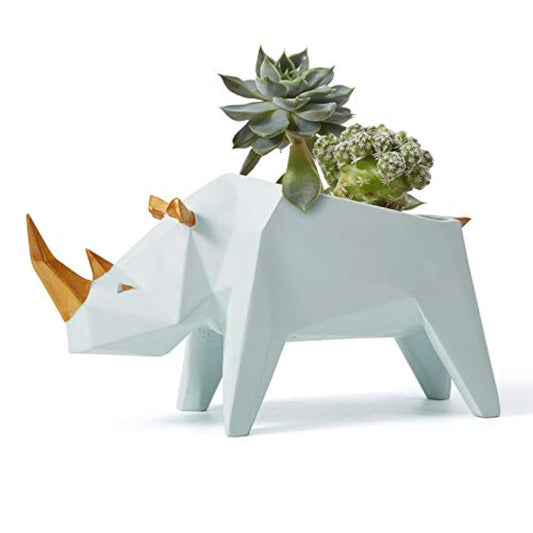 HAUCOZE Rhino Statue Planter Succulent Pot Modern Animal Sculpture Home Decor Gift for Living Room Office 7.1 Inch