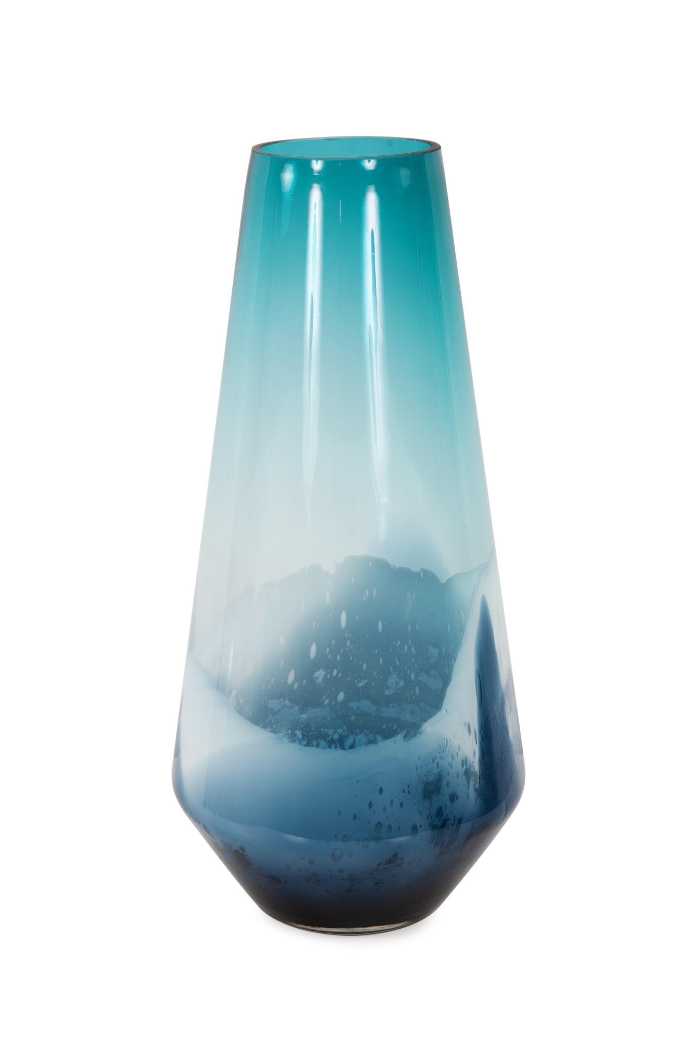 Howard Elliott Collection Large Aqua Bulbous Glass Vase with Tapered Sides, Hand Crafted Wave Design Decorative Flower Vase for Weddings, Floral Arrangements and Modern Boho Decor, 17.38 x 8 Inch