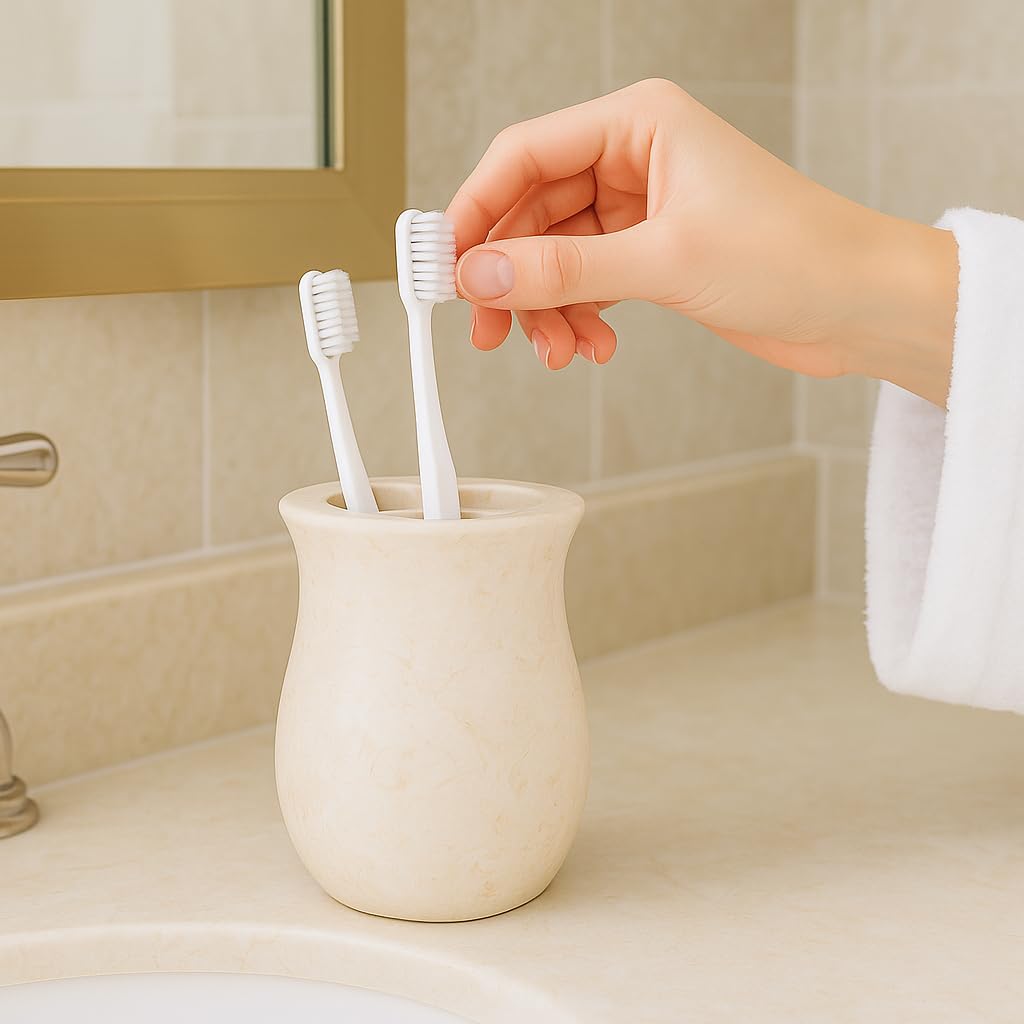Creative Home Natural Unique Marble Toothbrush Holder, Polished Smooth Finish, Compact 3.3x3.3x4.5 Inch Freestanding Organizer, Wipes Clean Easily, Sturdy and Durable Vase Shape Beige Bathroom