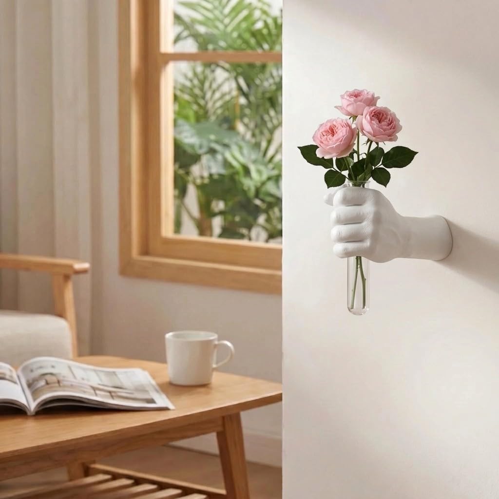 Wall Mounted Hand Vase with Glass Tube, Modern Resin Hand Flower Vase for Dried Flowers & Fresh Blooms, Nordic Minimalist Sculpture for Living Room Bedroom Bathroom Entryway Decor, White