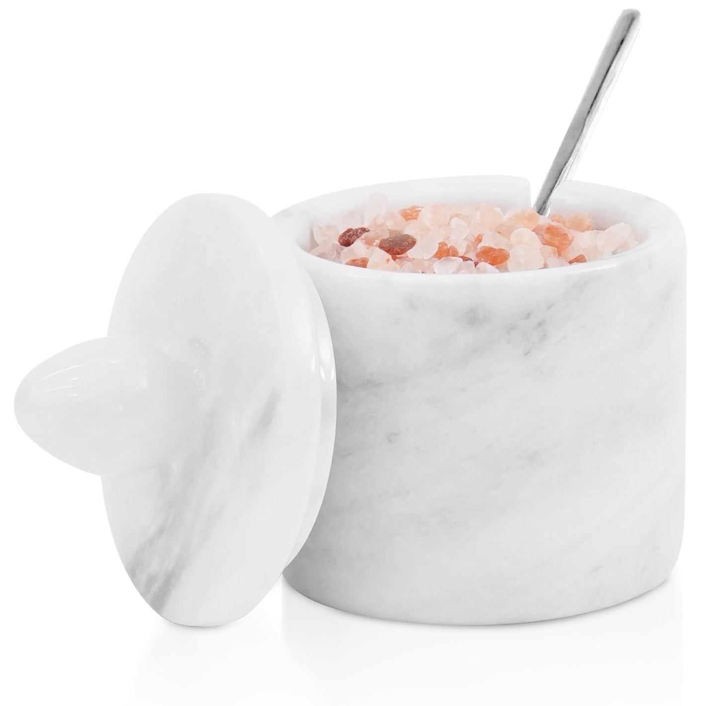 Marble Salt Cellar with Lid – White 4 Inch Table Salt Container, Salt Jar, Salt Dish, Salt Holder, Spice Jar, Sugar Bowl, Seasoning Container, Salt Dispenser for Kitchen Countertop