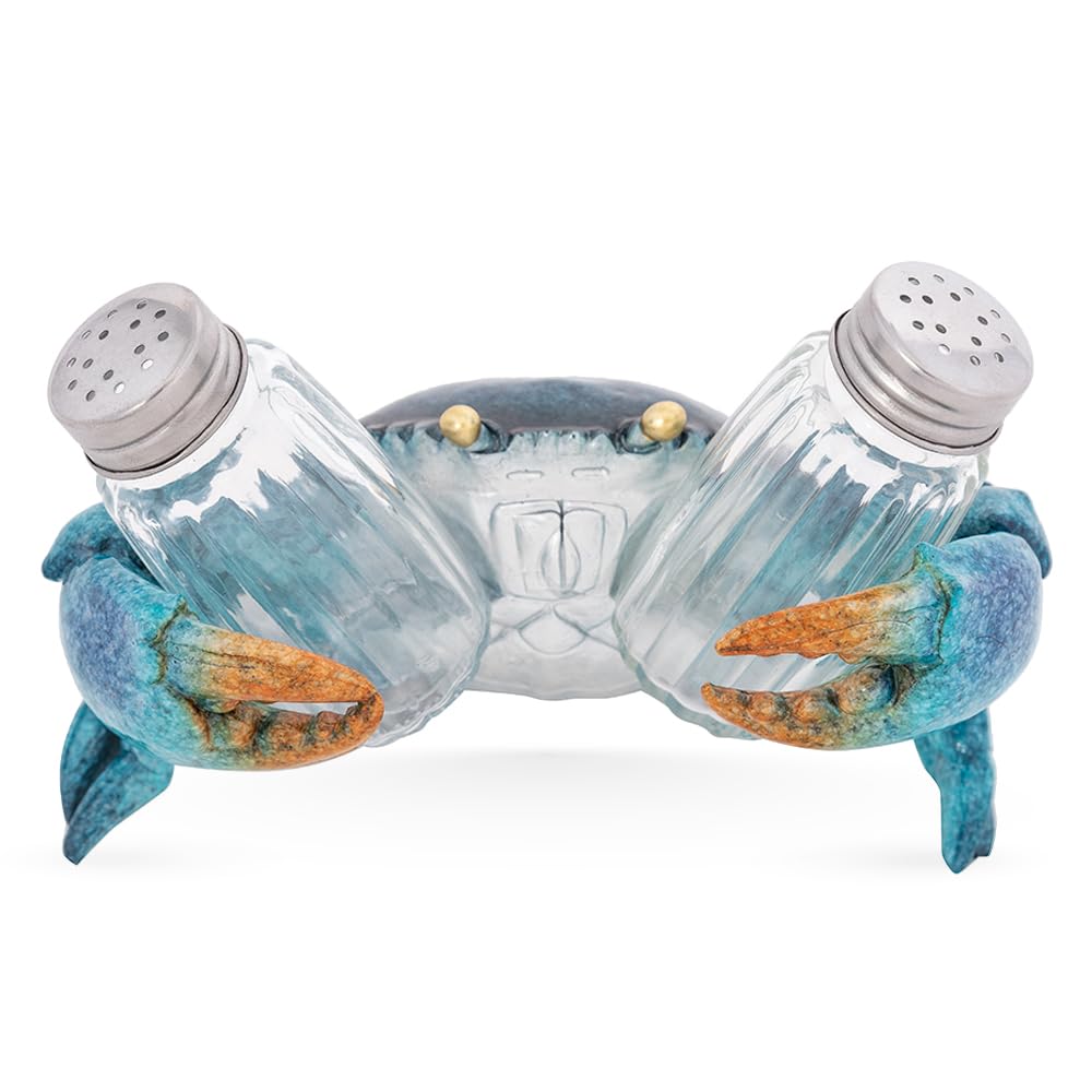 Crab Shaped Salt and Pepper Shaker Holder Set – Blue Decorative Figure for Kitchen, Dining Table, Nautical Accessories, and Coastal Décor
