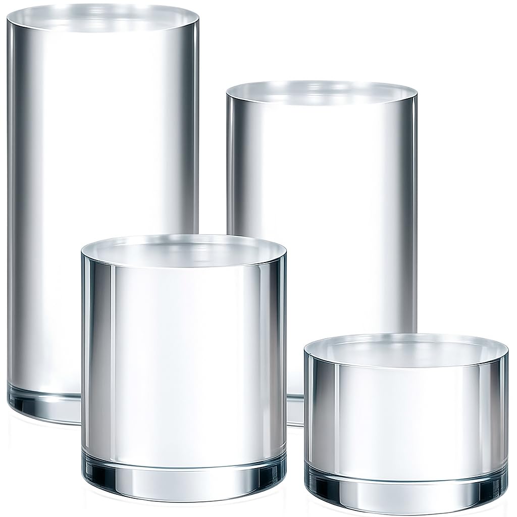 Hacaroa 4 Pcs Acrylic Cylinder Risers Display Stand, Clear Polished Round Display Blocks Transparent Photo Props, Mini Solid Pedestal Base for Jewelry, Perfumes, Figurines, 4 Sizes