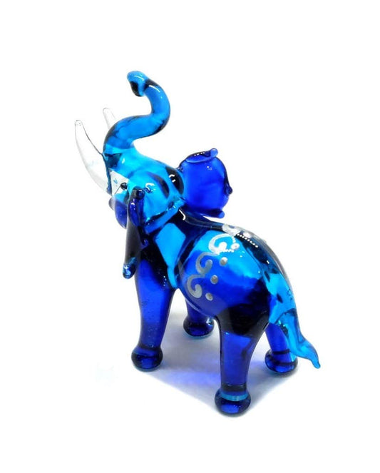 Handmade Mini 2.25" Blue Elephant Figures with Thai Art Blown Glass Art, Collectible Figurines Gift Ideas, Miniature Wild Animals, Tiny Ornament Cool Stuff Decor No.8