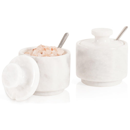 Marble Salt Cellar 3" Inch White Celtic Salt, Seasoning Containers for Kitchen Decor, Set of 2 Spice Jars, Countertop Storage, Sugar Bowl with Lid and Spoon, Ideal Mother’s Day Gift for Mom