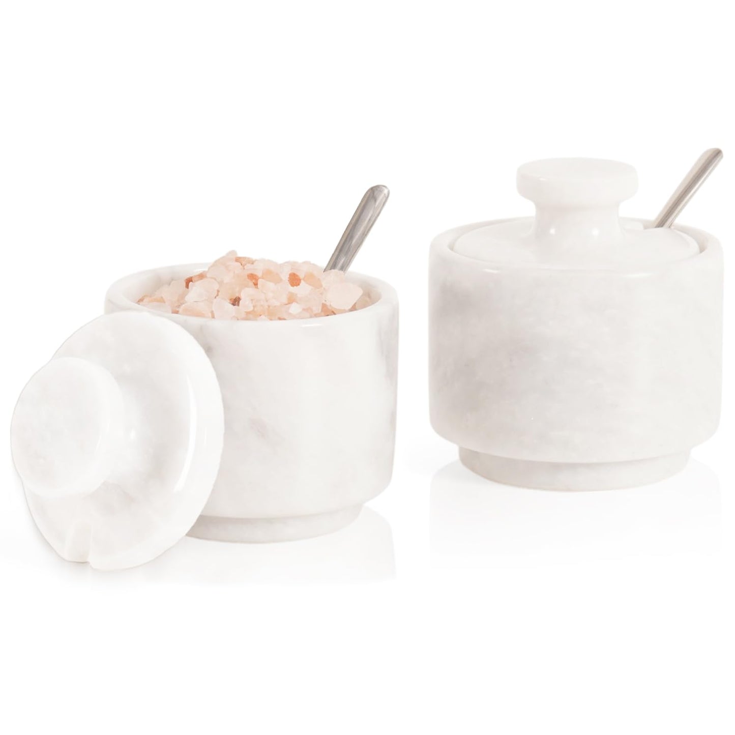 MARBLOUS KRAFTS Marble Salt Cellar 3" Inch White Celtic Salt, Seasoning Containers for Kitchen Decor, Set of 2 Spice Jars, Countertop Storage, Sugar Bowl with Lid and Spoon, Ideal Gift for New Home