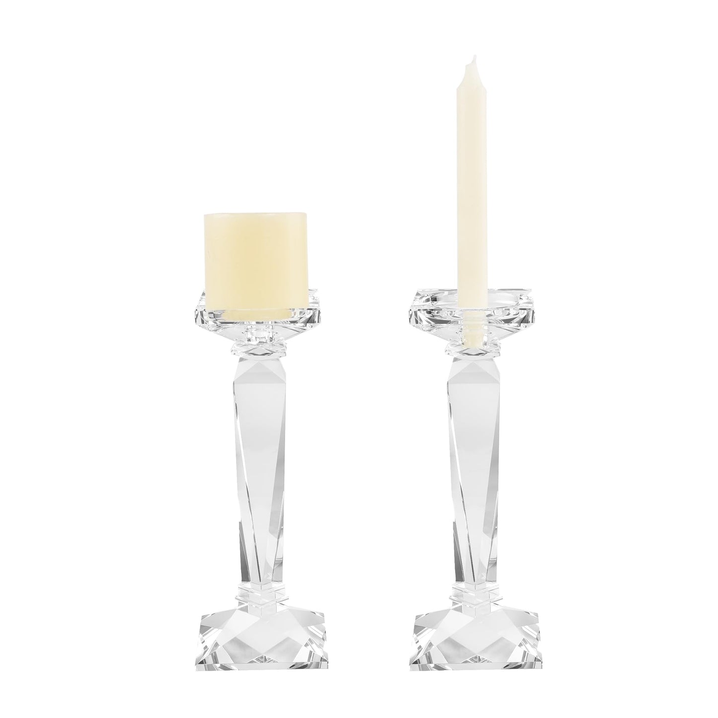 DONOUCLS 2-Pack Crystal Candlestick Holders, Clear Crystal Taper/Pillar Candles Holders,Table Centerpiece Home Decorative Candle Holders for Wedding, Dining, Party(10.6in Tall)