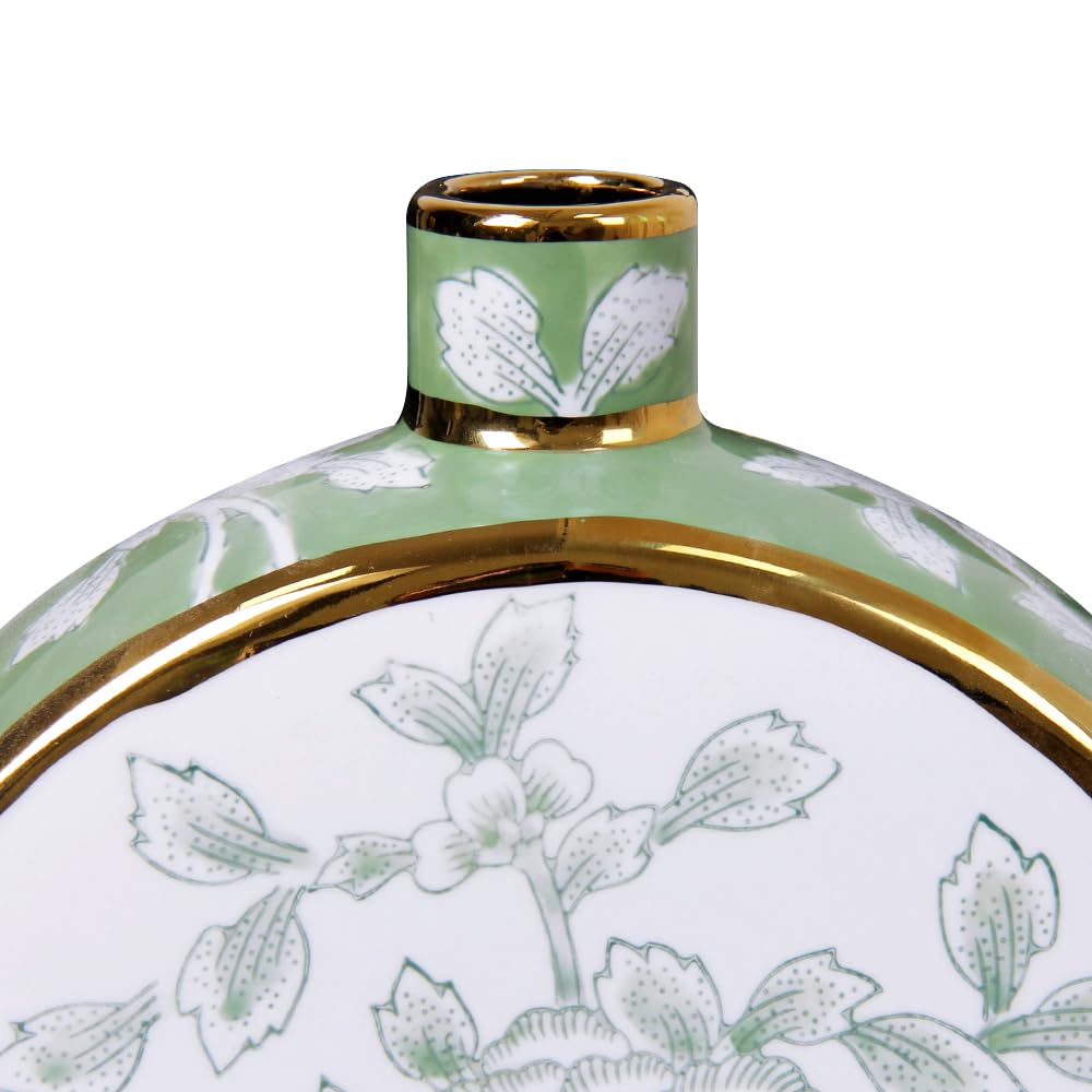 Andaliz Dual-Sided Floral Ceramic Vase with Gold Trim, Compact Chinoiserie Hand-Painted Vase for Home Decor, 10.2 Inch Decorative Vase for Tabletop, Shelf Display