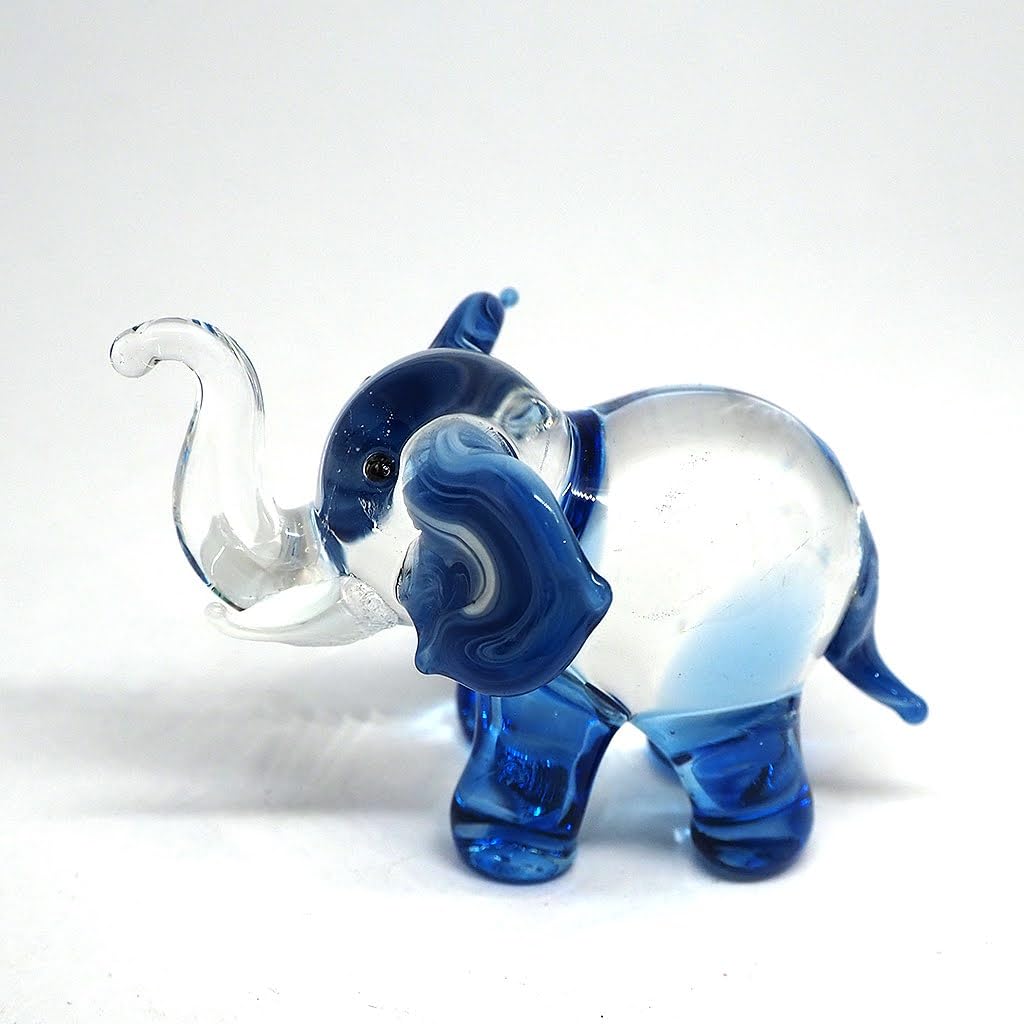 ZOOCRAFT Lucky Elephant Figurines Blue Hand Blown Art Glass Collectible Animal Ornament Gift Decor, 1.5 x 2.5 x 1.8 inches