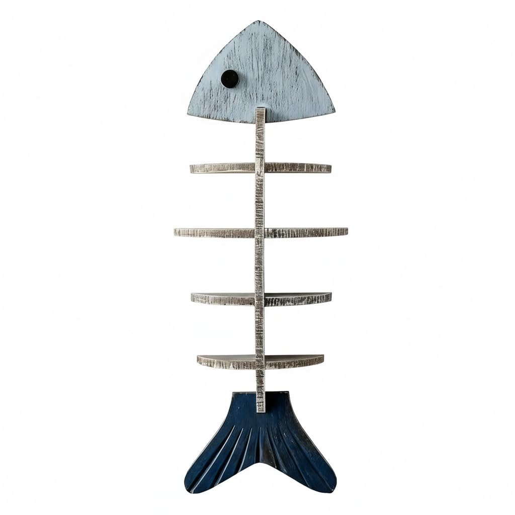 XYZWOMN Fish Bone Wall Decor Display Shelf, Mediterranean Style Wooden Coastal Wall Art, Rustic Nautical Marine Hanging Organizer for Beach House, Bedroom, Unique Ocean Theme Decoration