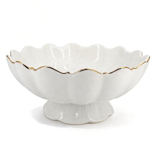 White Small Decorative Bowl 8 Inch Ceramic Key & Fruit Bowl Ruffle Lotus Shape with Gold Rim Candy Bowl, Multi-Use Centerpiece Pedestal Bowls for Kitchen Counter, Coffee Table, Entryway, Wedding