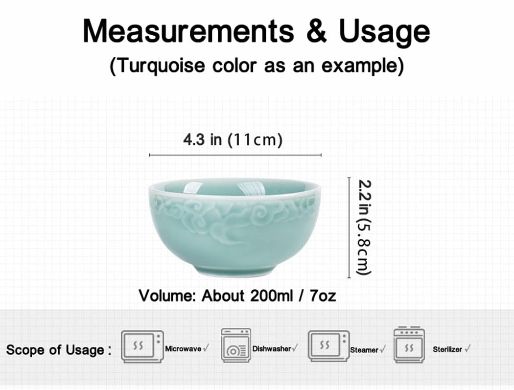 Seres Celadon Jade Green Porcelain Bowl embossed with Lucky Cloud,3 Colors-Green&Turquoise&Grey,龙泉青瓷碗 (Green)