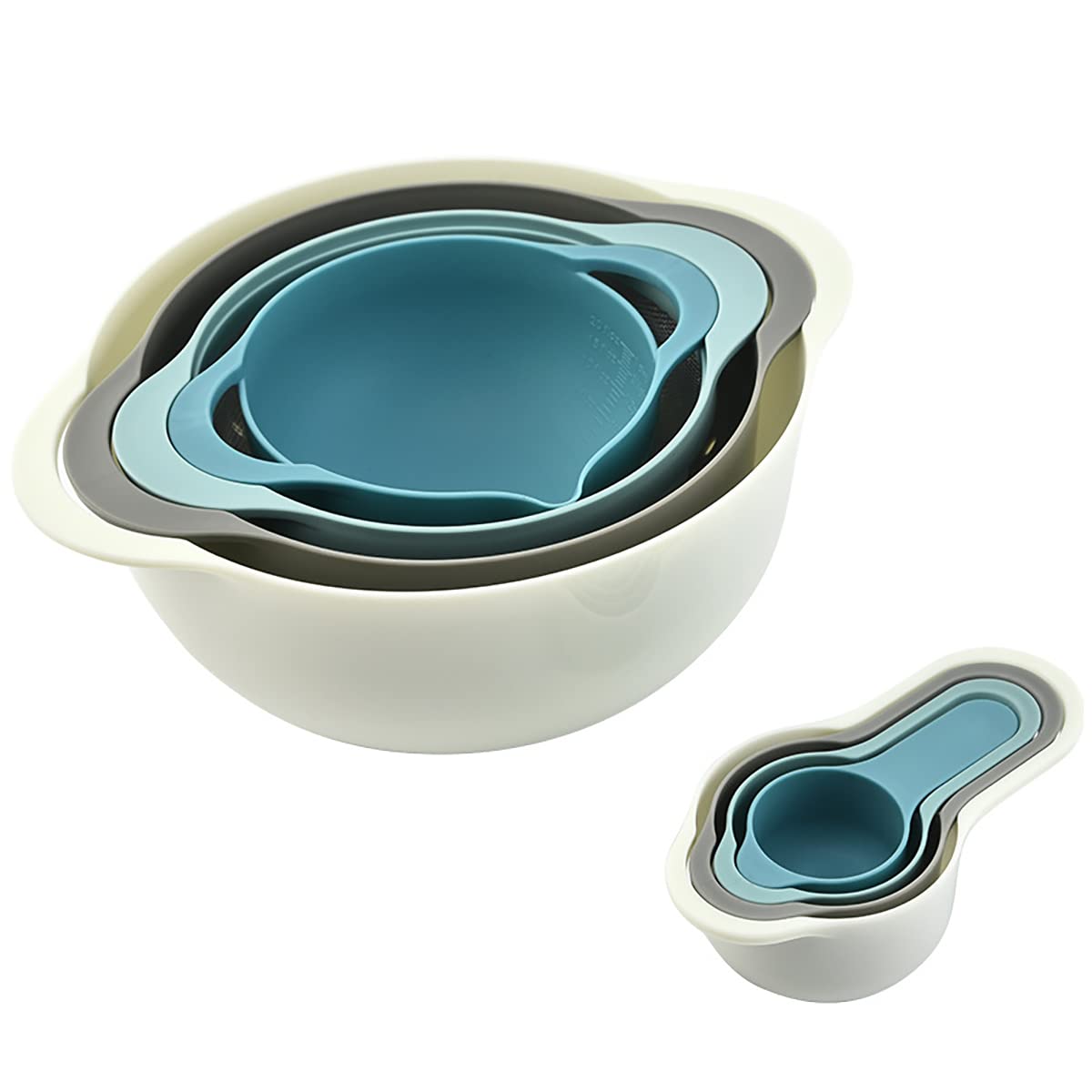 MiHerom Plastic Nesting Bowls Set with 2 Mixing bowls,Colanders,4 Measuring Cups,Sifter for Baking,Food Prep,RV Camping Accessories,8 Pieces