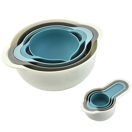 MiHerom Plastic Nesting Bowls Set with 2 Mixing bowls,Colanders,4 Measuring Cups,Sifter for Baking,Food Prep,RV Camping Accessories,8 Pieces