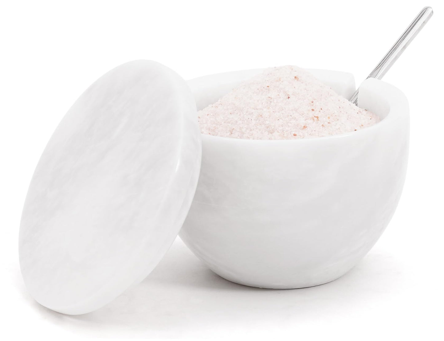 MARBLOUS KRAFTS Marble Salt Holder with Lid and Spoon 3 x 4 White Spice Jar for Kitchen Countertop, 4.7 oz, Ideal Seasonings, Sugar Bowl, and Celtic Salt Storage, Brown Sugar Keeper
