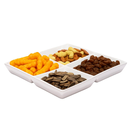 Bruntmor Set of 2 Dinner Serving Tray Dish - 10 x 10 Inch White Ceramic Serving Platter with 4 Compartments - Durable, Decorative Appetizer and Snack Tray for Brunch, Parties, and Dinner Table Display