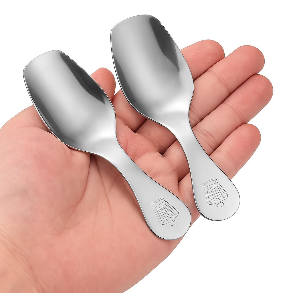 2 Pcs Short Handle Spoons - Stainless Steel Mini Scoops - Small Dessert Spoon for Salt, Dessert, Sugar, Coffee, Tea, Sugar, Honey, Spice, Ice Cream, Candy, Fit in Canisters