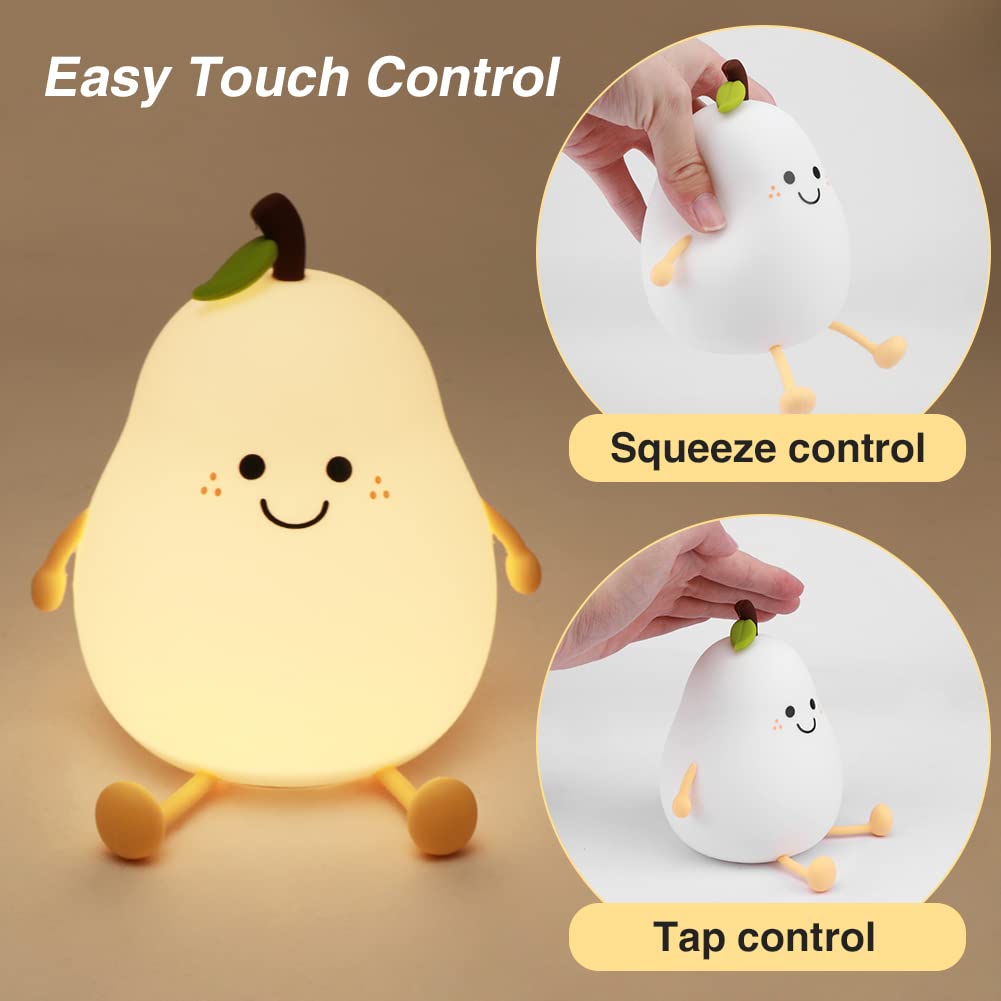 Pear Night Light for Kids, USB Rechargeable Silicone Nursery Lamp 1200mAh, Touch Control Warm White and 7 Colors, 3 Brightness Levels, 30 60 Min Timer, Portable Bedside Light Gift