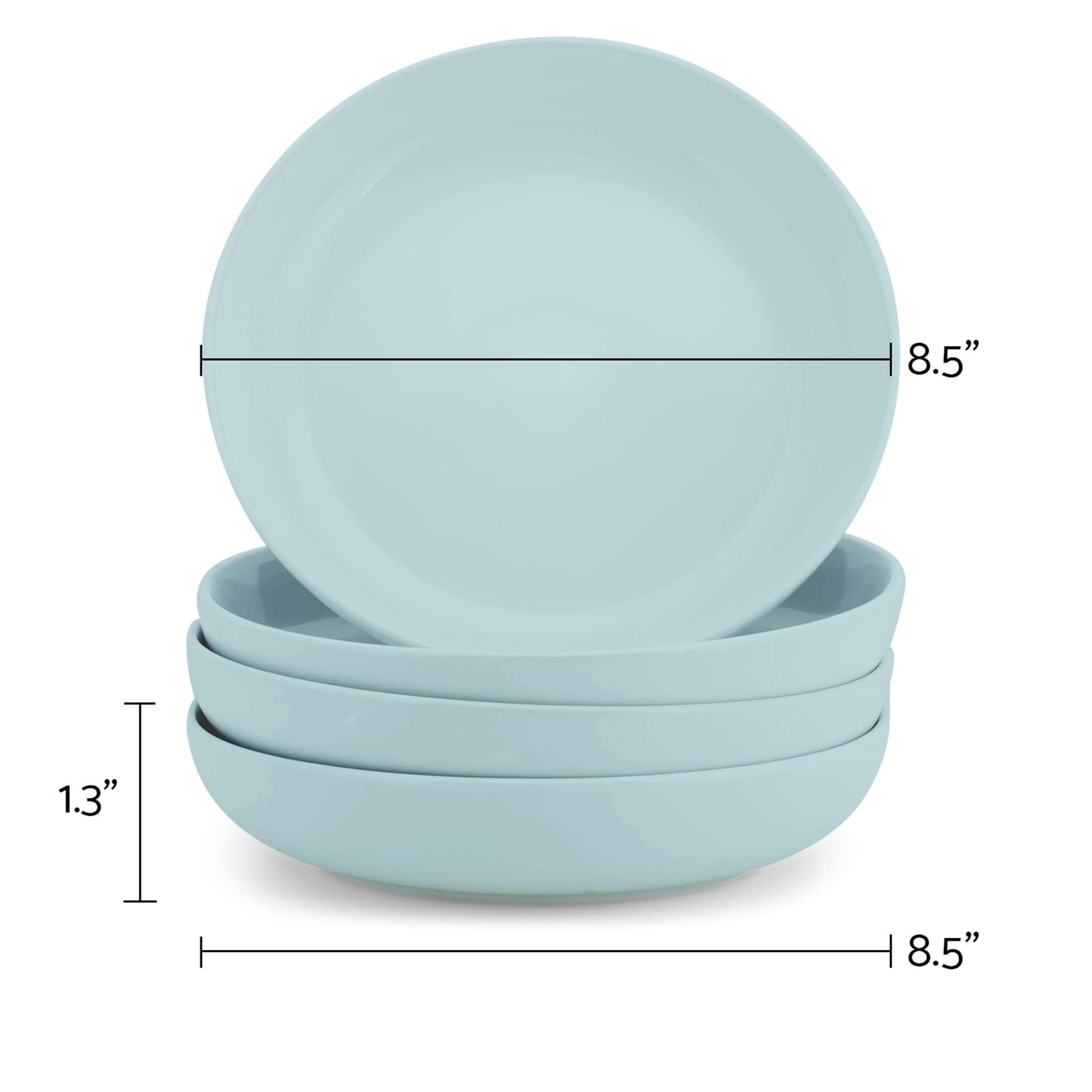 Elanze Designs Bistro Glossy Ceramic 8.5 inch Shallow Pasta Dinner Bowls Set of 4 - Perfect for Everyday uses from Italian Style Pasta to Caesar Salad, and Ramen to Pho, Ice Blue