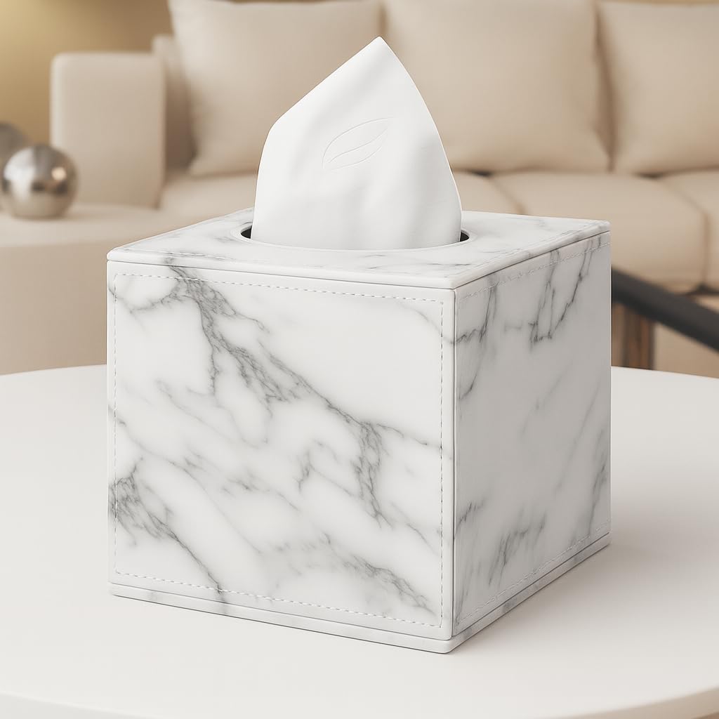 Luxury PU Leather Tissue Box Cover for Kleenex– Marble White Stylish Cube Dispenser for Home, Office, Car, Hotel – Square Tissue Holder with Magnetic Bottom