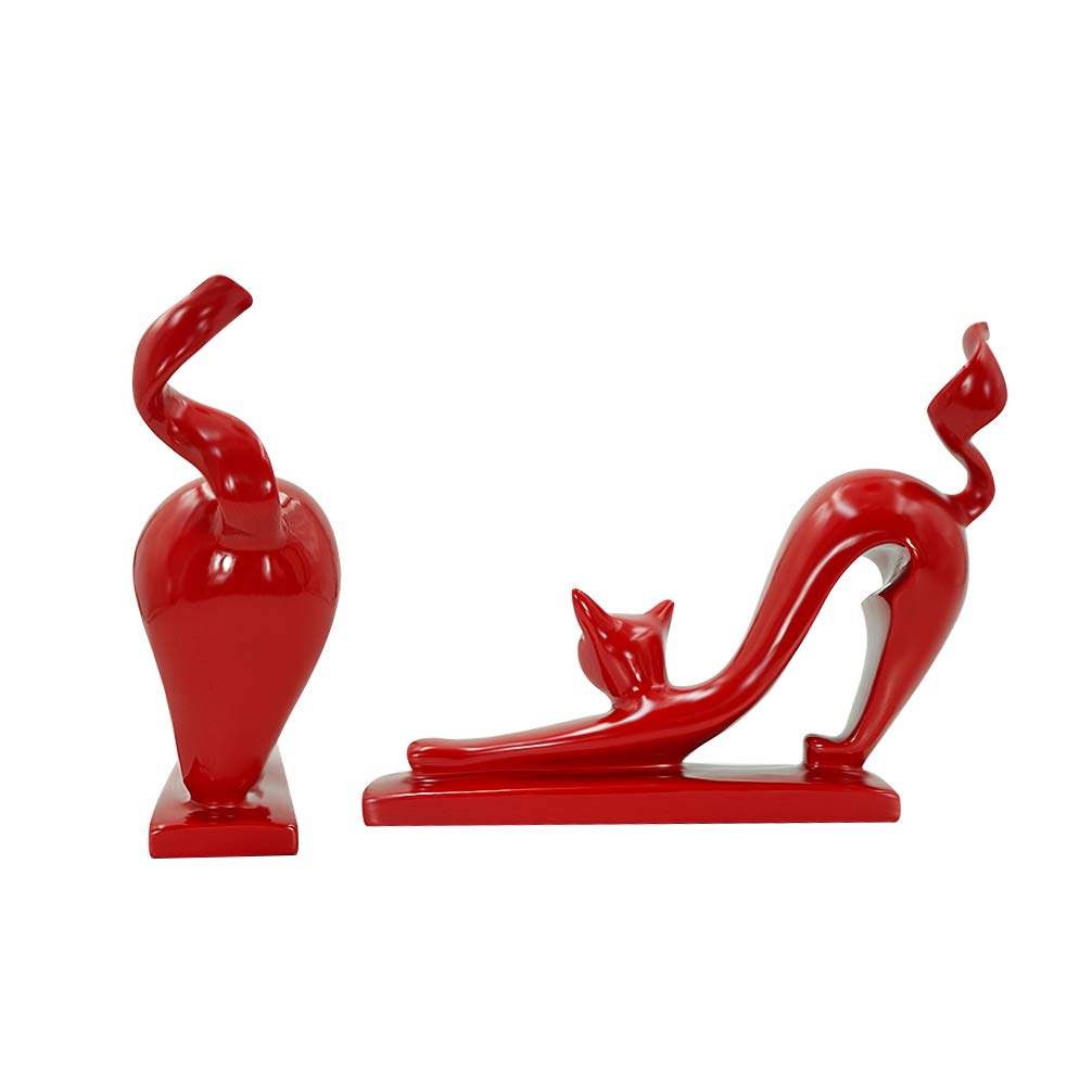DreamsEden Modern Home Decor Cat Statue - Resin Art Animal Figurine Accent Ornaments for Living Room Bedroom Shelf (Red)