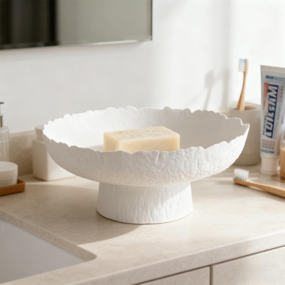 XIYOUQI 10.4” Large White Decorative Bowl, White Pedestal Bowl, Glass Decorative Bowls, Modern Fruit Bowl for Home Decor, Key Bowl, Candy Bowls, Smudge Bowls, Coffee Tables Centerpiece
