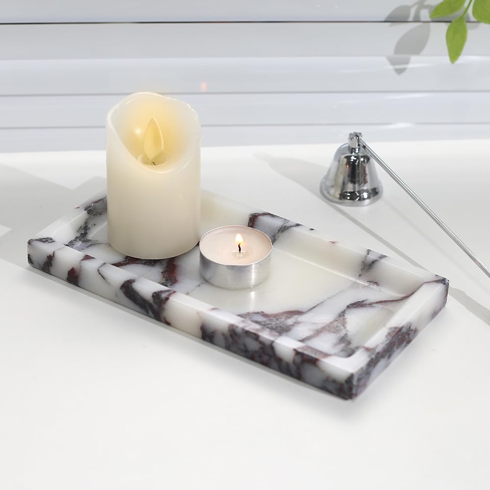Small Marble Bathroom Tray, Real Marble Vanity Tray, Natural Stone Organizer for Countertop, Mini Marble Organizer for Jewelry Perfume Towel, Non-Resin Non-Ceramic (Calacatta Viola 7.9″ x 3.9″ x 0.7″)