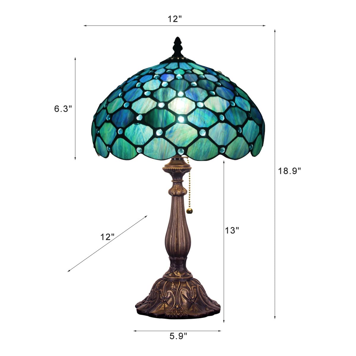 ZJART Tiffany Table Lamp Stained Glass 12X12X19 Inch Sea Blue Pear