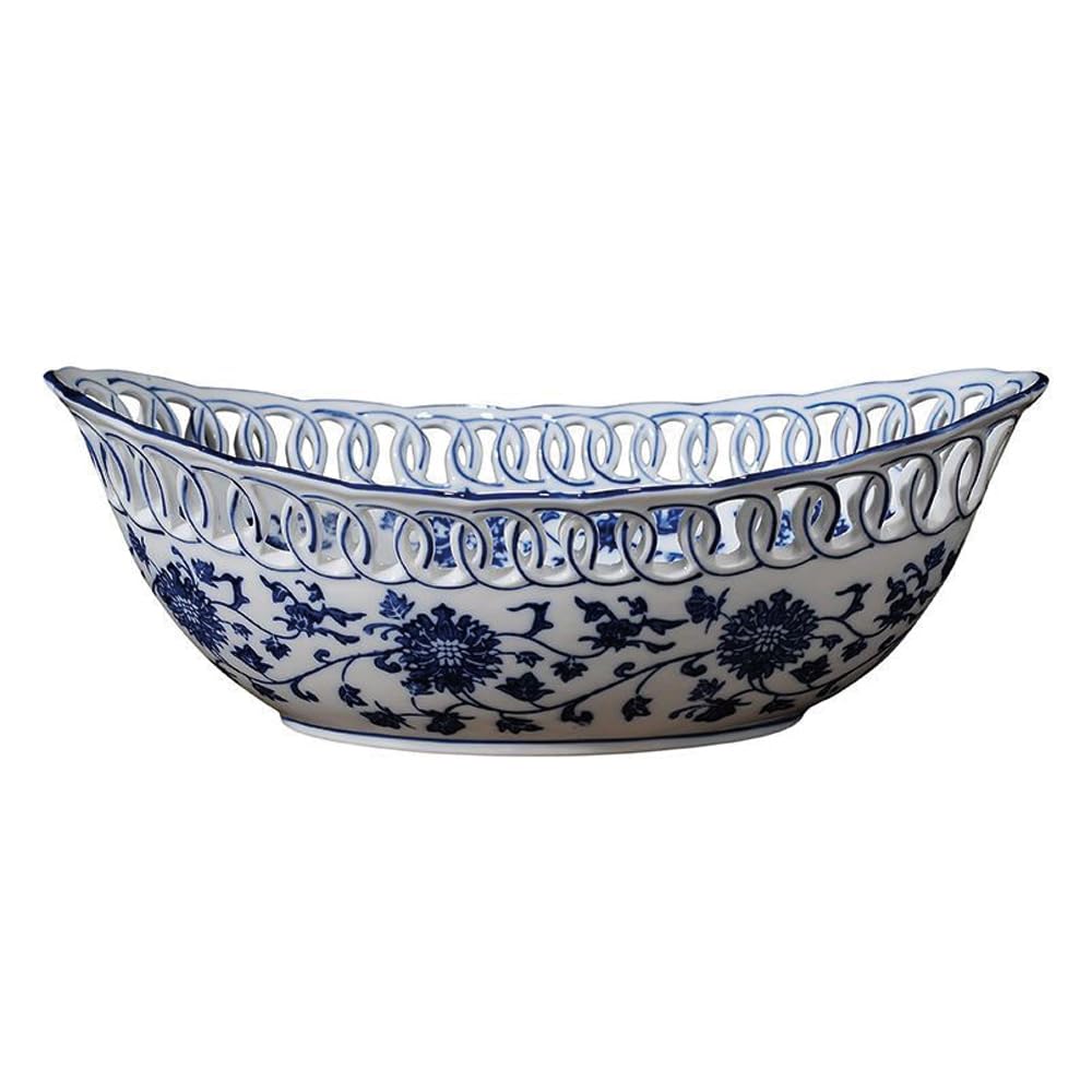 Aimusego Blue and White Porcelain Fruit Bowl, Hand Painted Floral Retro Hollow Ceramic Fruit Tray Plate Dish, Colander, Chinoiserie Oval Decorative Candy Serving Basket for Housewarming