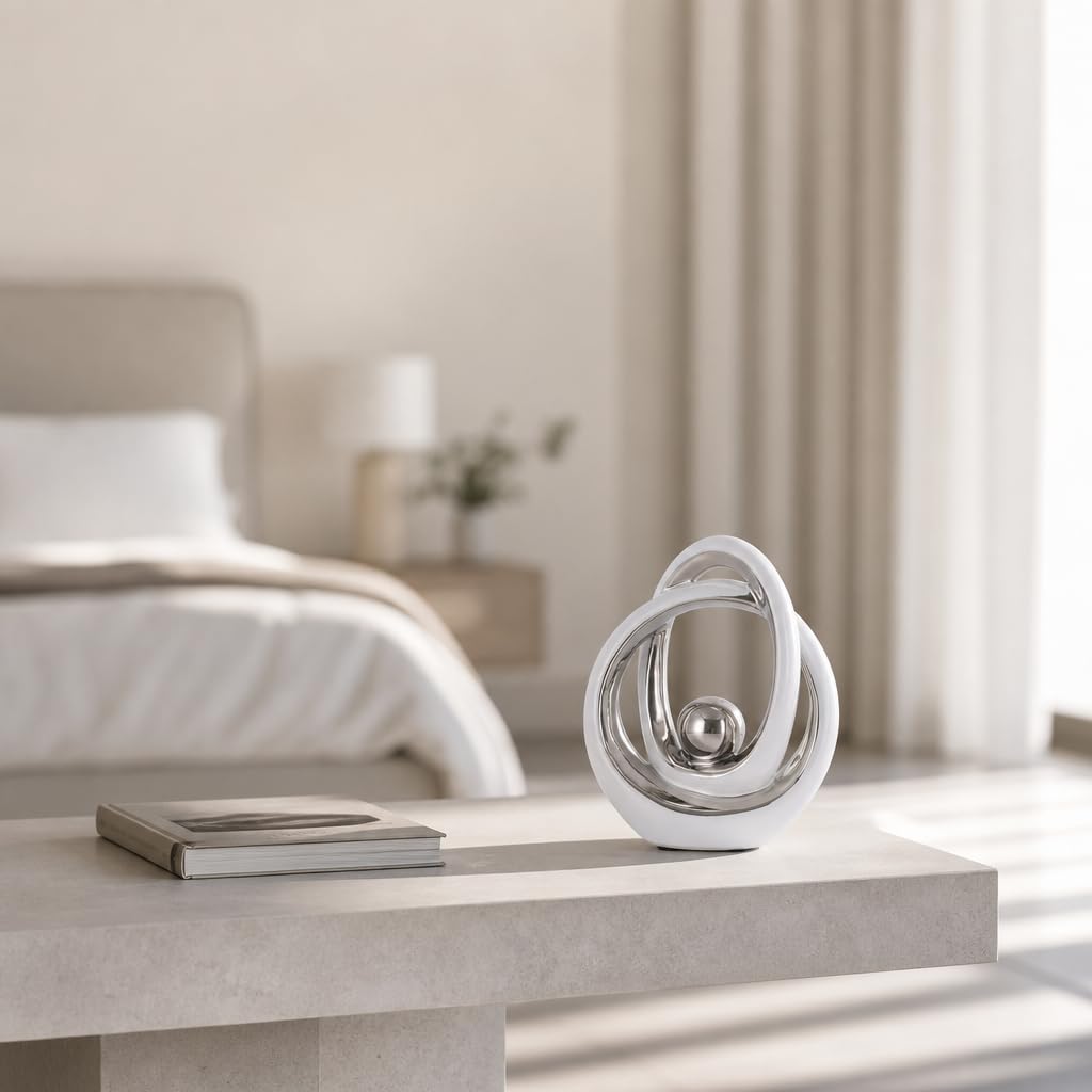 DOVDOV White and Silver Ceramic Abstract Sculpture, Modern Tabletop Statue for Living Room Decor, Decorative Accent for Coffee Table, TV Stand, Mantel, Entryway Console