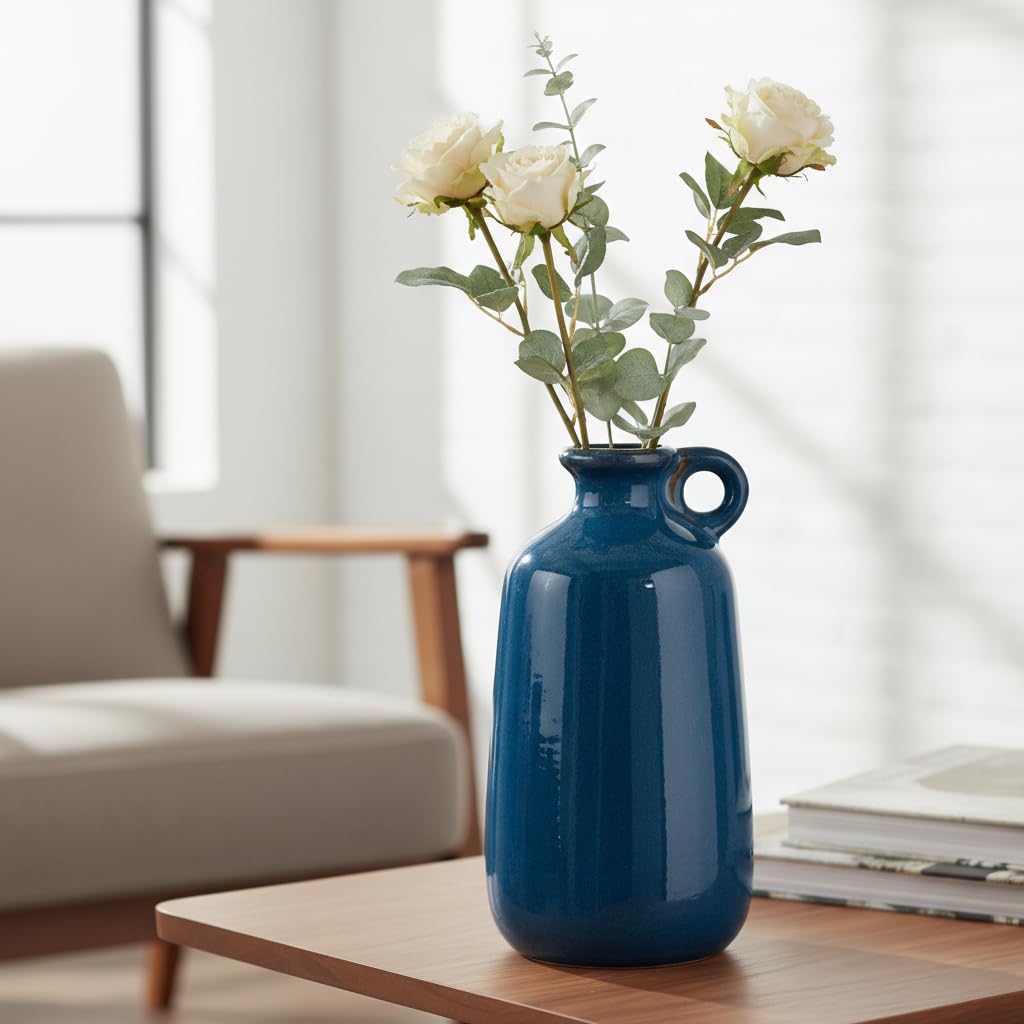 Sunddo Blue Ceramic Flower Vase 10 Inch - Tall Modern Decorative Vase with 1 Handle, Cobalt Blue Decor for Entryway & Mantel, Living Room, Table Decor