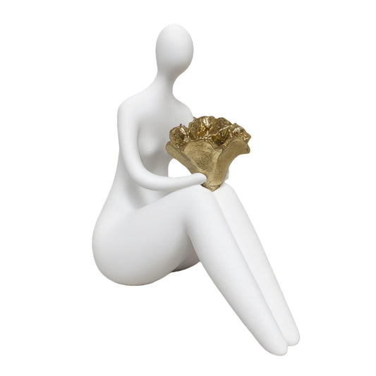 Lescafita White Abstract Figure Statue with Flowers, Modern Resin Sculpture for Home Decor, Minimalist Figurine Art for Living Room, Office Desk, Gift for Art Lovers