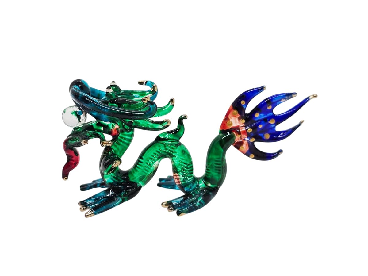 WitnyStore 3" Green Blue Chinese Asian Dragon Artistic Blown Glass Figurine Hand-Blown Statue Tabletop Decoration Unique Collectible for Adult Collectors Handcrafted Elegant Home Room Decor