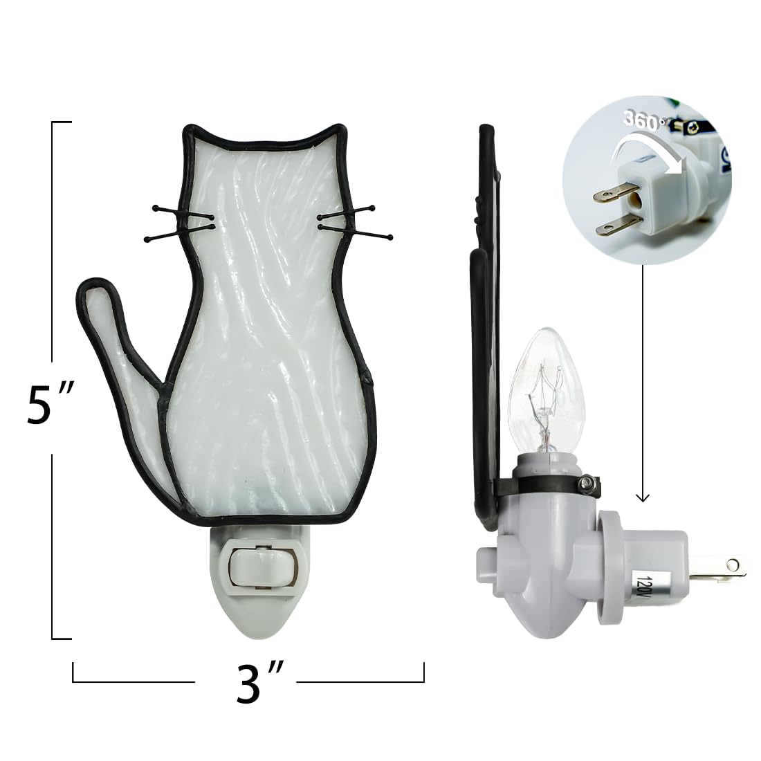 BOXCASA White Cat Night Light Stained Glass Lamp Warm Yellow Plug in