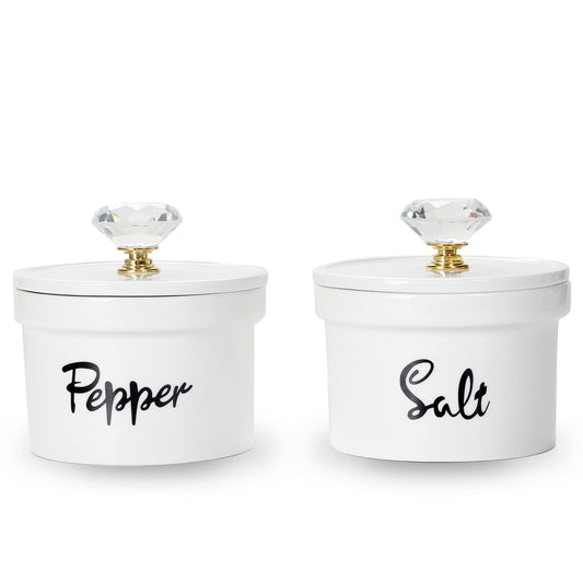 HAOTOP Salt and Pepper Bowls with Crystal Lid, 12.5 oz Ceramic Salt Pepper Container for Countertop,Farmhouse Kitchen Decor, Set of 2 (Gold)