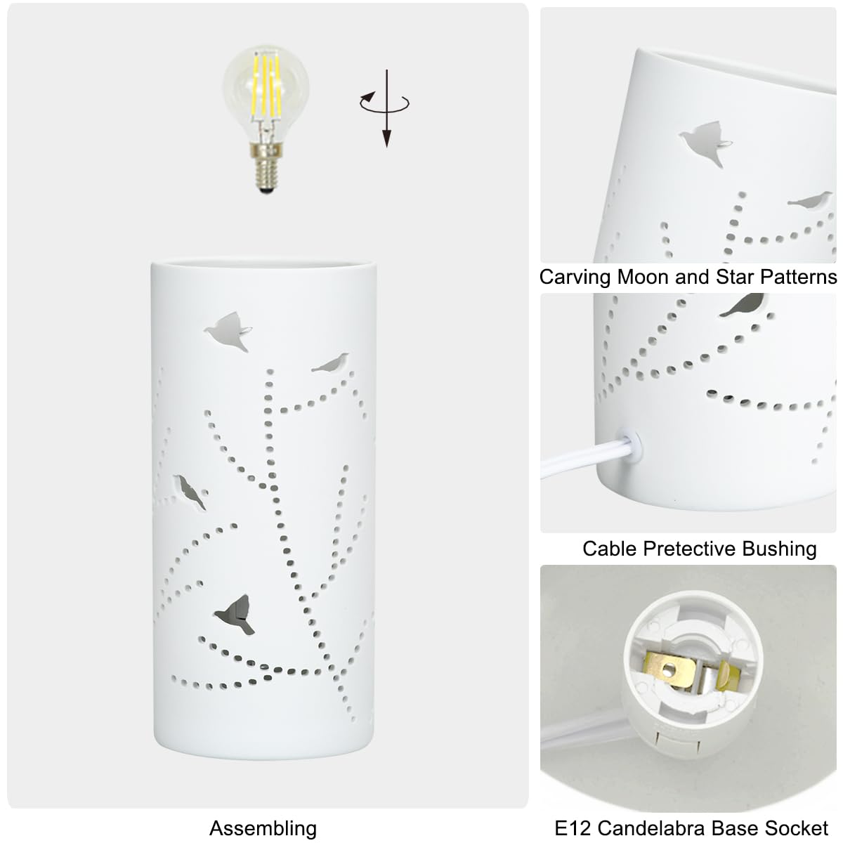 Lampwell Dana Small Modern Ceramic Table Lamp, White, 3.54H7.87IN, Bulb Excluded, Carving Tree