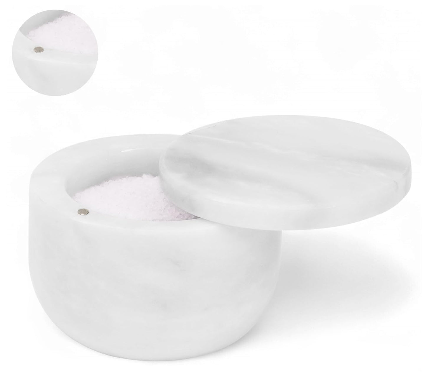 EARTHEN CRAFTS Marble Salt Cellar with Lid 3" Inch Salt Holder White Mini Salt Container with Magnetic Lock for Kitchen Counter, Salt & Spice Storage, Seasoning Jars for Table, 2.5 OZ Capacity