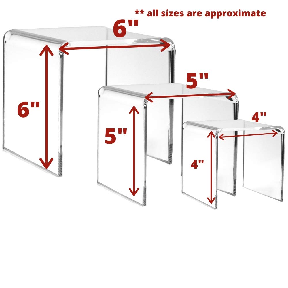 Clear Acrylic Display Risers Set of 3, Assorted 4 5 6 Inch Retail Pedestals, Transparent Tabletop Stands for Jewelry, Figurines, Crafts, Collectibles, Store Fixtures, Dessert Table and Product Displays
