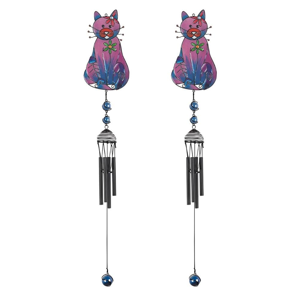 2-PC Gift Set ICE ARMOR 30" Long Purple Cat with Fish Bone Black Gem Wind Chime Figurine Statue Sculpture Ornament Decoration Home/Room/Garden Decor for Housewarming, Holidays, Christmas Special