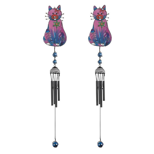2-PC Gift Set ICE ARMOR 30" Long Purple Cat with Fish Bone Black Gem Wind Chime Figurine Statue Sculpture Ornament Decoration Home/Room/Garden Decor for Housewarming, Holidays, Christmas Special