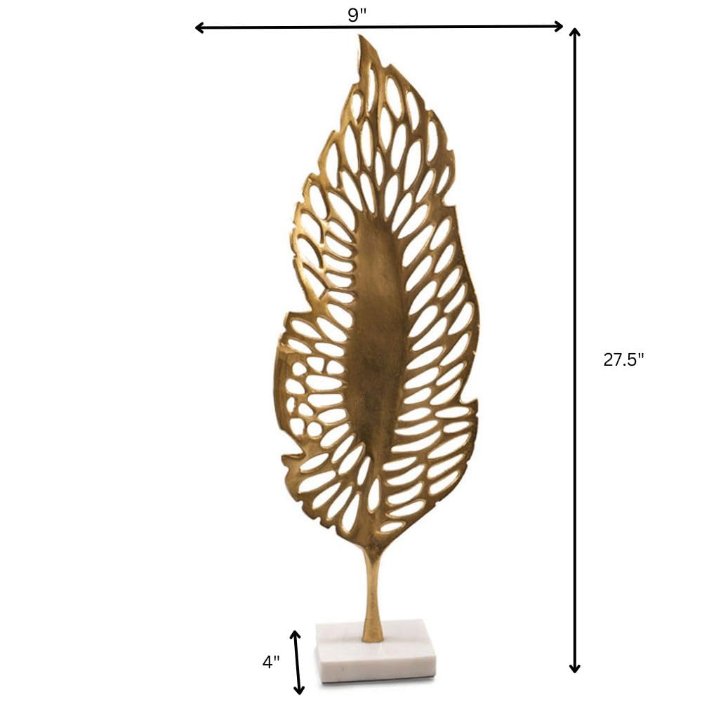 Modern Day Accents 3744 Primavera Tall Golden Leaf Sculpture, Gold Home Decor Accent with White Marble Base, Nature Decor, Unique Tabletop Decor for Living Room, Bedroom, Office, or Kitchen, 27.5" H